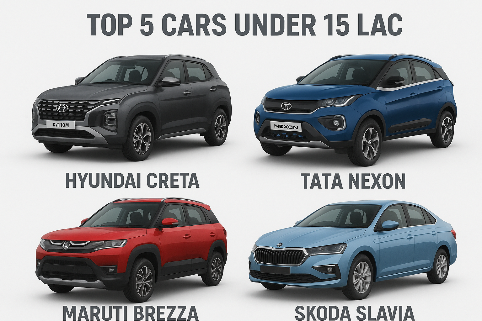 top 5 cars under 15 lack ,theevsupermarket.com,Hyundai Creta, Tata Nexon, Maruti Brezza, Skoda Slavia