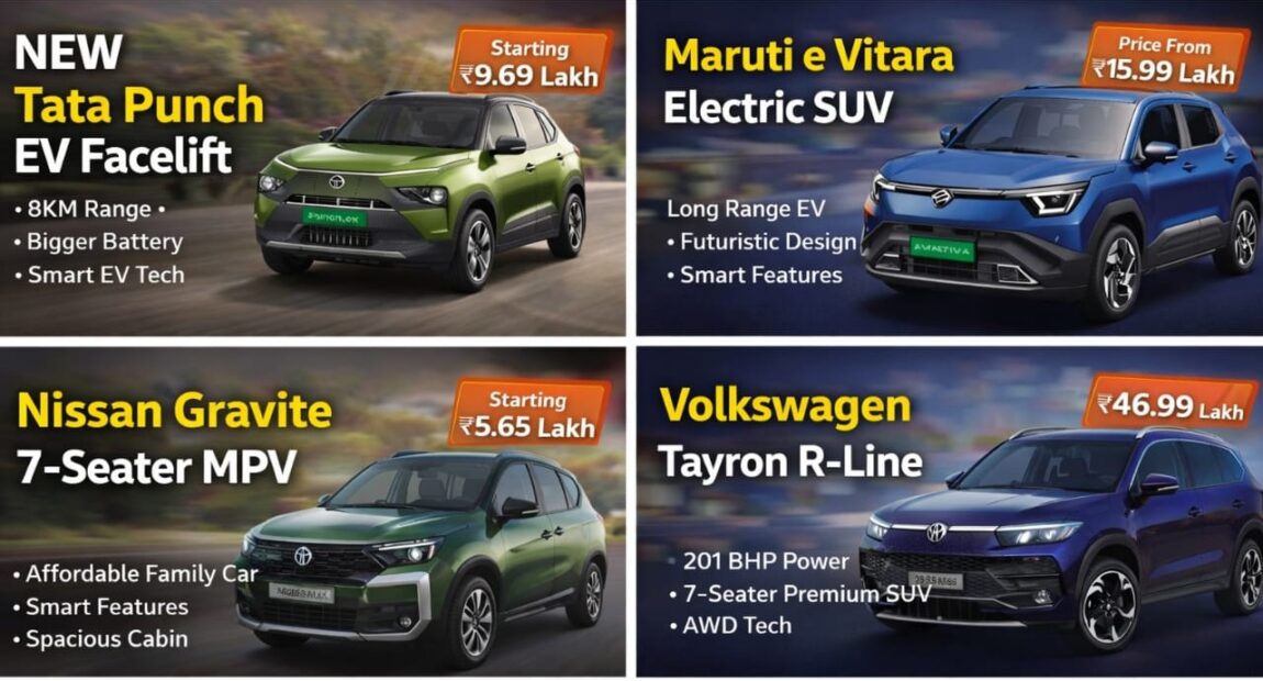 Latest car launches in India featuring Tata Punch EV, Maruti e Vitara electric SUV, Nissan Gravite MPV and Volkswagen Tayron R-Line premium SUV