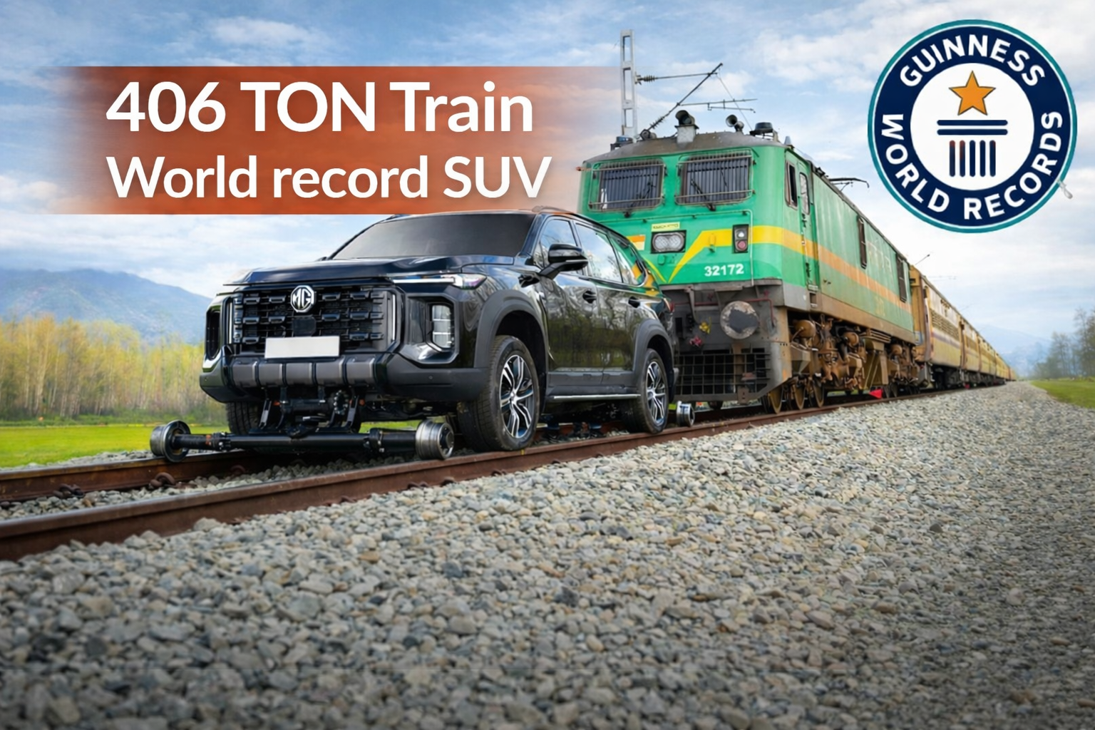 Black MG Majestor SUV specially modified for rail track movement, running alongside a green electric locomotive hauling a long passenger train, showcasing a Guinness World Record attempt on railway tracks.